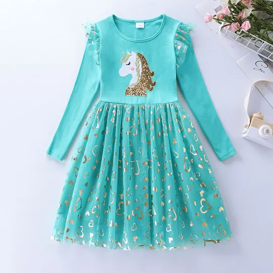 【3Y-8Y】Girls' Unicorn Sequin Long Sleeve Princess Dress