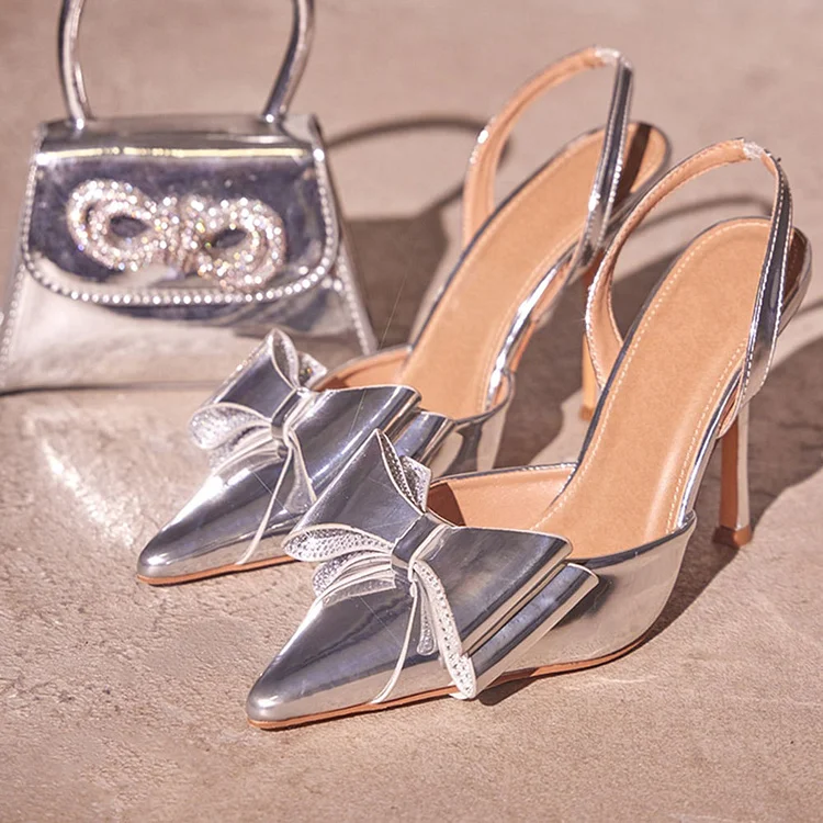 Silver Metallic Bow Stiletto Heels Pointed Toe Slingback Pumps |FSJ Shoes