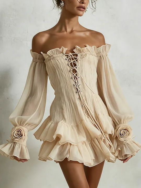 Romantic Cream Off Shoulder Chiffon Mini Dress