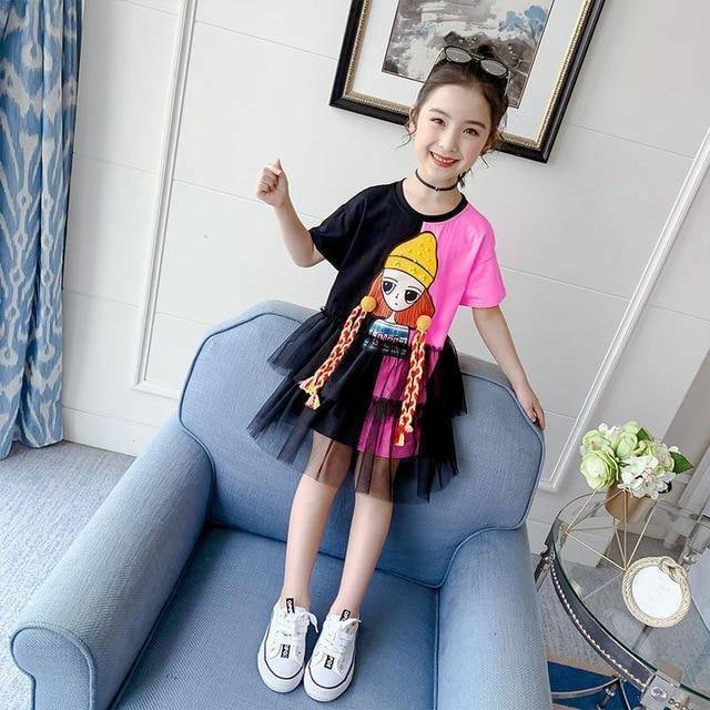 Girls fashion dresses children clothes loose short sleeve Girl print mesh patchwork dress summer clothes 3 4 5 6 7 9 10 12Y