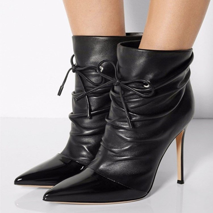 Black Slouch Boots Pointy Toe Stiletto Heel Ankle Booties for Women |FSJ Shoes