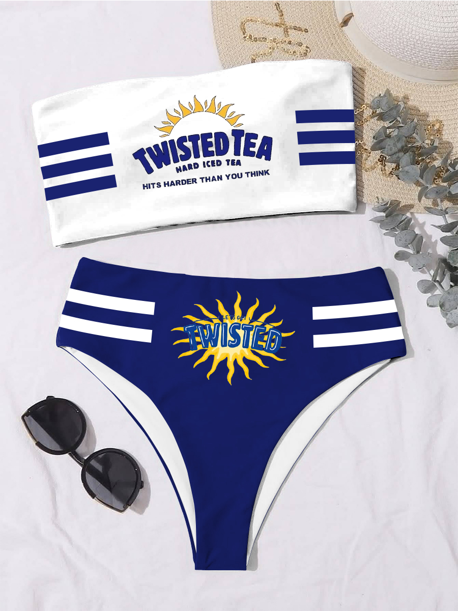 Twisted Tea Striped Letter Print Drinking Bandeau Bikini Set