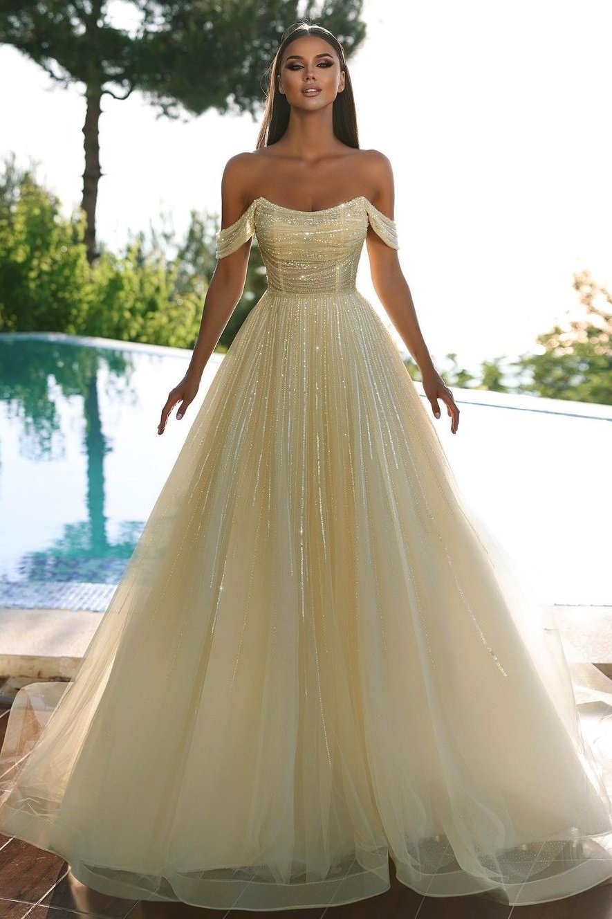 Lussooy Sleeveless Off the Shoulders Strapless A-Line Sequins Prom Dress