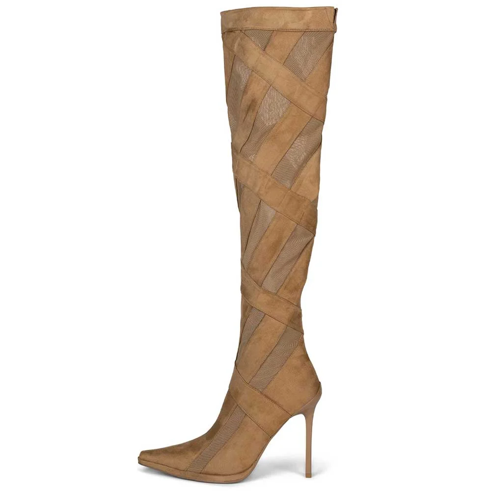 Khaki Faux Suede Pointed Toe Mesh Striped Interior Partial Zipper Thigh High Boots With Stiletto Heel Nicepairs