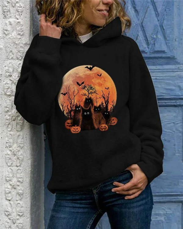 Women's Halloween Black Cat Print Sweatshirt socialshop