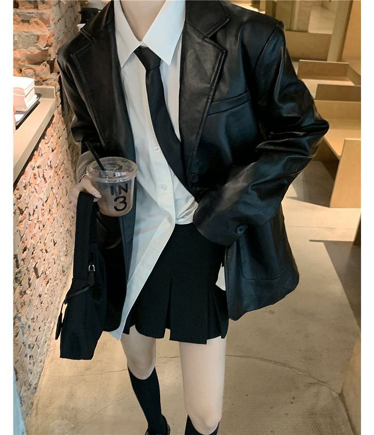 Faux Leather Lapel Button-Up Coat E661