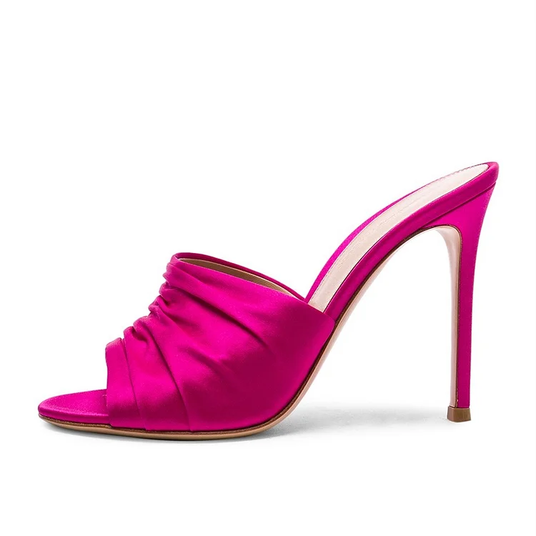 Women's Hot Pink Peep Toe Ruched Stiletto Heel Mules Sandals |FSJ Shoes