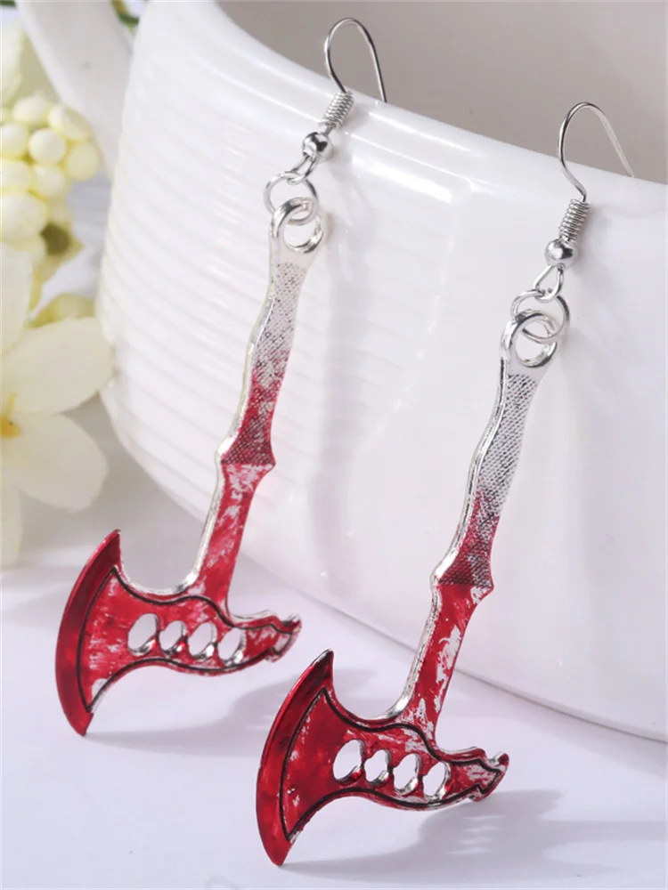 Horrifying Halloween Axe Skull Pendant Earrings