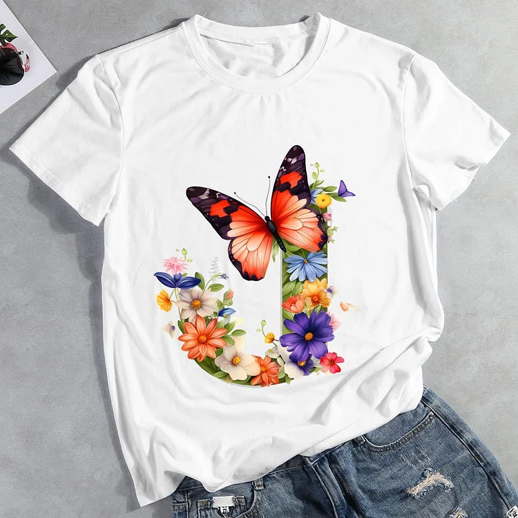 Butterfly Alphabet J Round Neck T-shirt