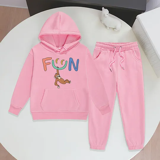 【2Y-13Y】Festive Fleece-Lined Hoodie And Jogger Set With Fun Banana Monkey Cartoon Design For Kids