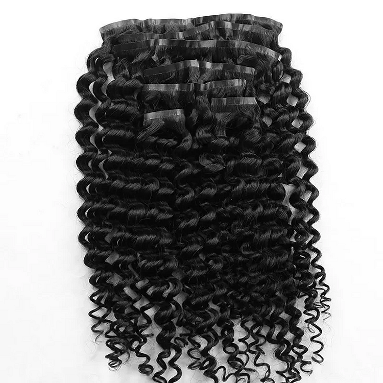 Deep Curly Seamless PU Weft Clip In Extension Natural Black