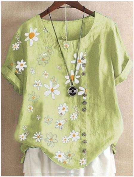 Daisy Floral Patched Print Short Sleeve O Neck Button T Shirt P1655606