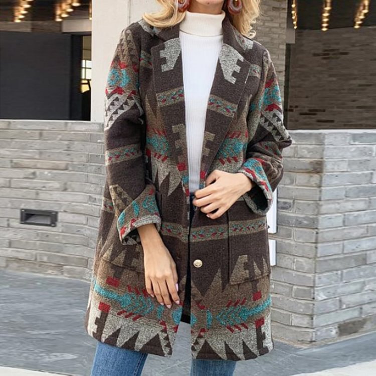 Vintage Lapel Print Long Sleeve Coat