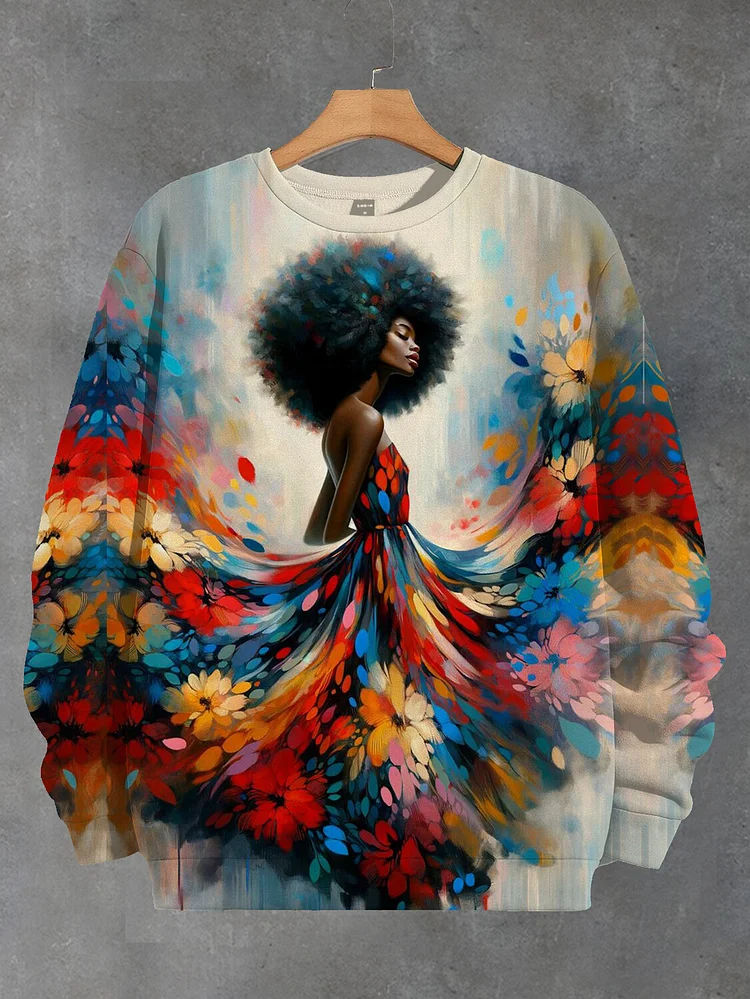 Women's Colorful Floral Black Woman Oil Painting Print Cozy Sweatshirt