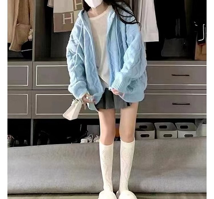 Balloon-Sleeve Plain Loose-Fit Zip-Up Knit Hoodie ZL8