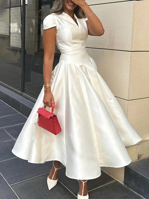 Stylish V-Neck Solid Color Midi Dress