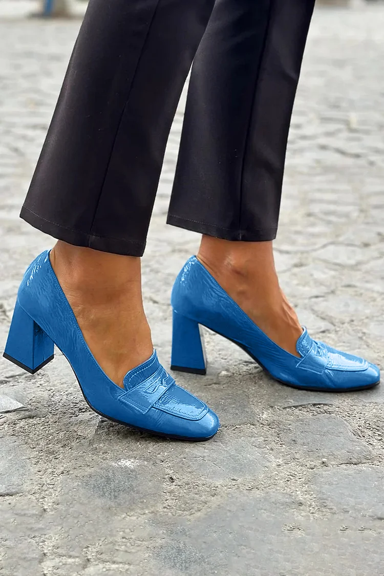 Elegant PU Leather Patchwork Round Toe Blue Chunky Heels