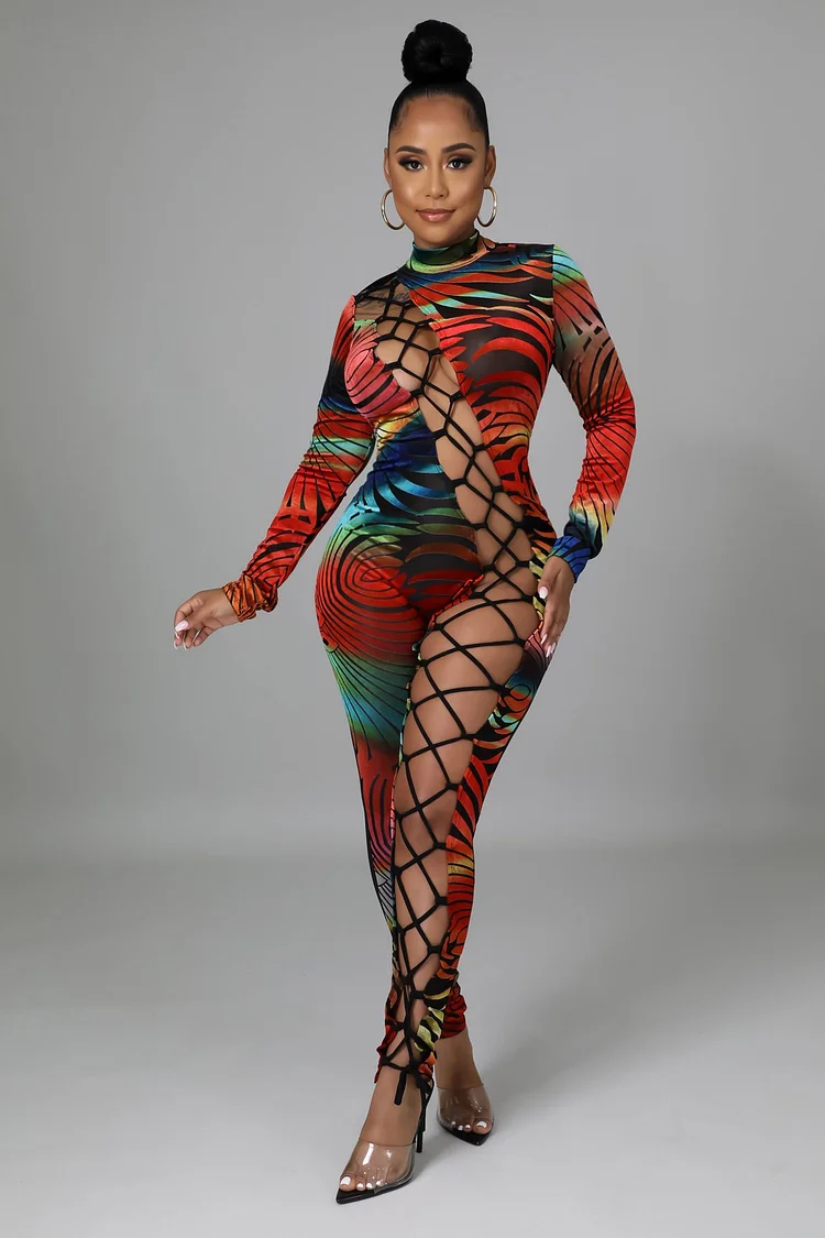Colorful Printing Lace-Up Cutout Jumpsuit