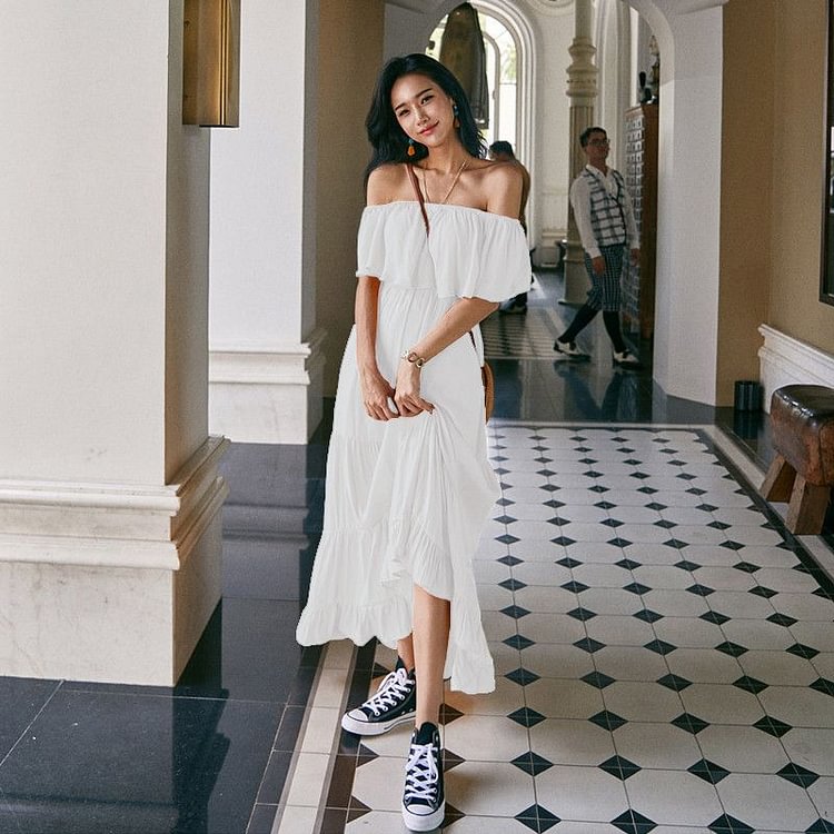 Off-Shoulder Ruffled Midi A-Line Dress YP4448
