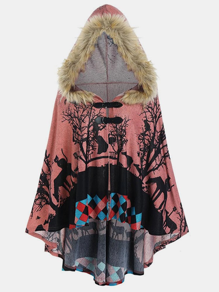 Vintage Printed Dolman Sleeve Hooded Asymmetrical Coat For Women
