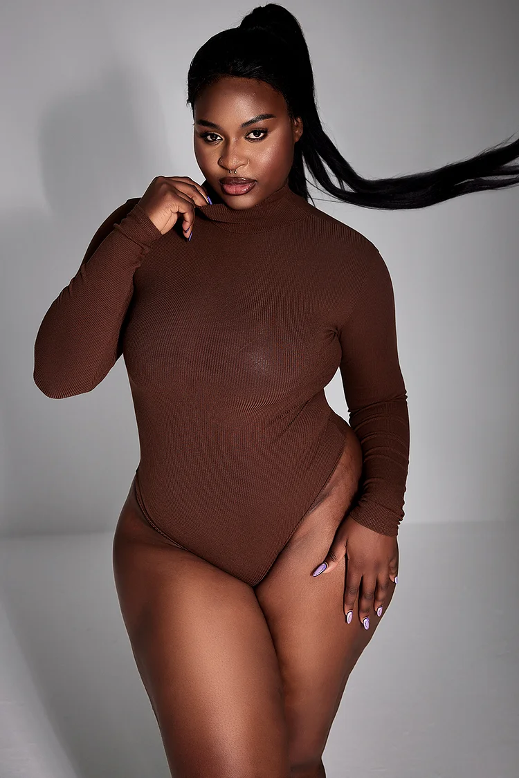 Plus Size Daily Bodysuit Coffee High Neck Long Sleeve Knitted Bodysuit [Pre-Order]