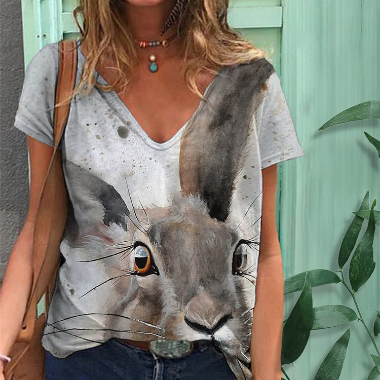 VChics Rabbit Print V-Neck Short Sleeved Casual T-Shirt