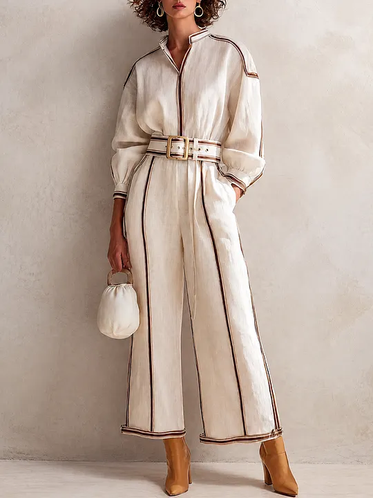 Women's Elegant Linen Contrast-Piping Stand-Collar Belted Long-Sleeve Shirt & Wide-Leg Trouser Set MD