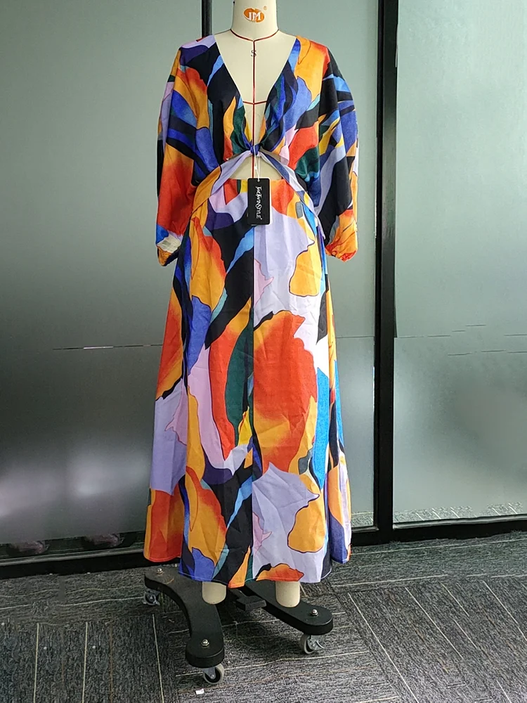 Original Puff Sleeves Roomy Contrast Color Stamped Deep V-Neck Maxi Dresses