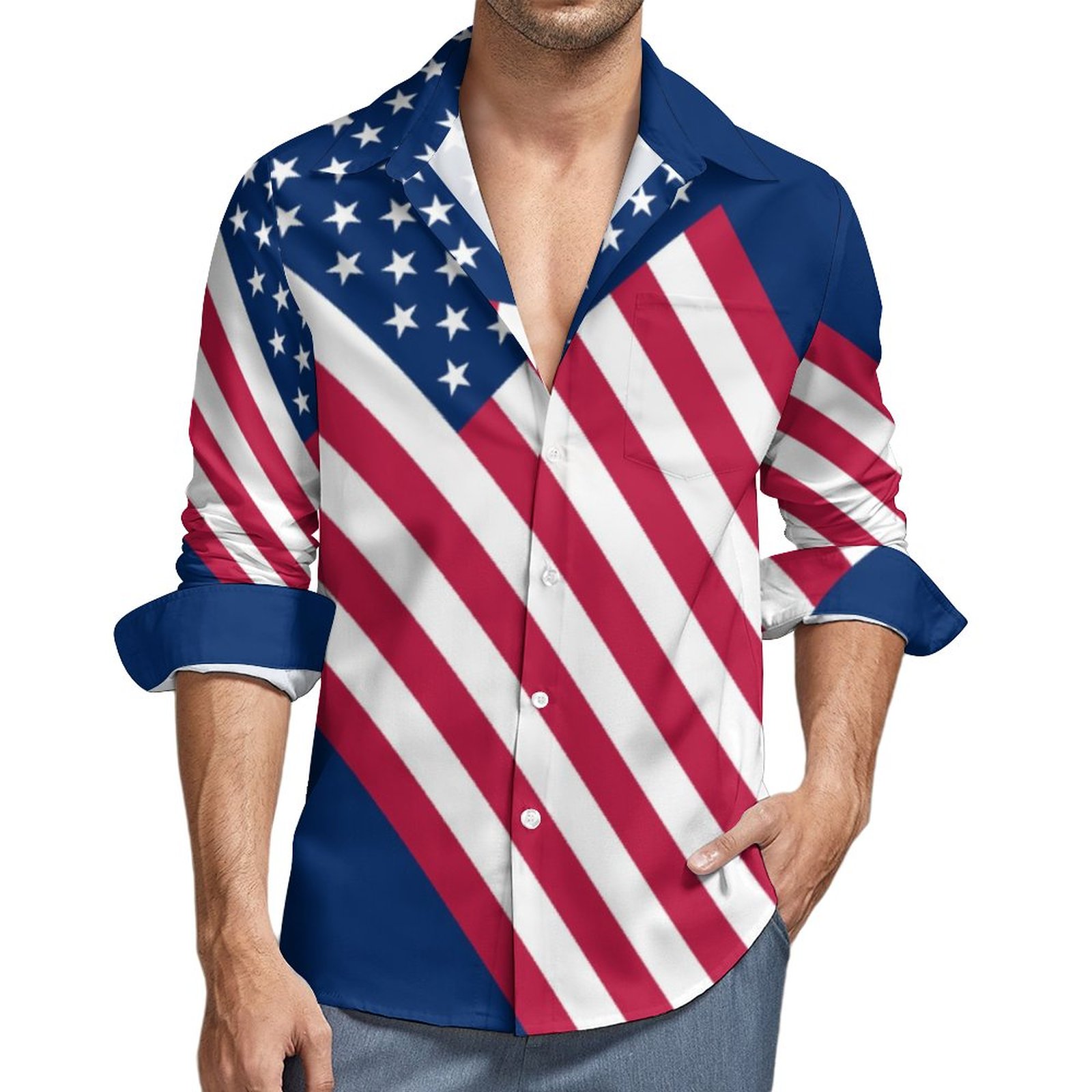 American Flag Men's Casual Button Down Pocket Shirt Flag-M