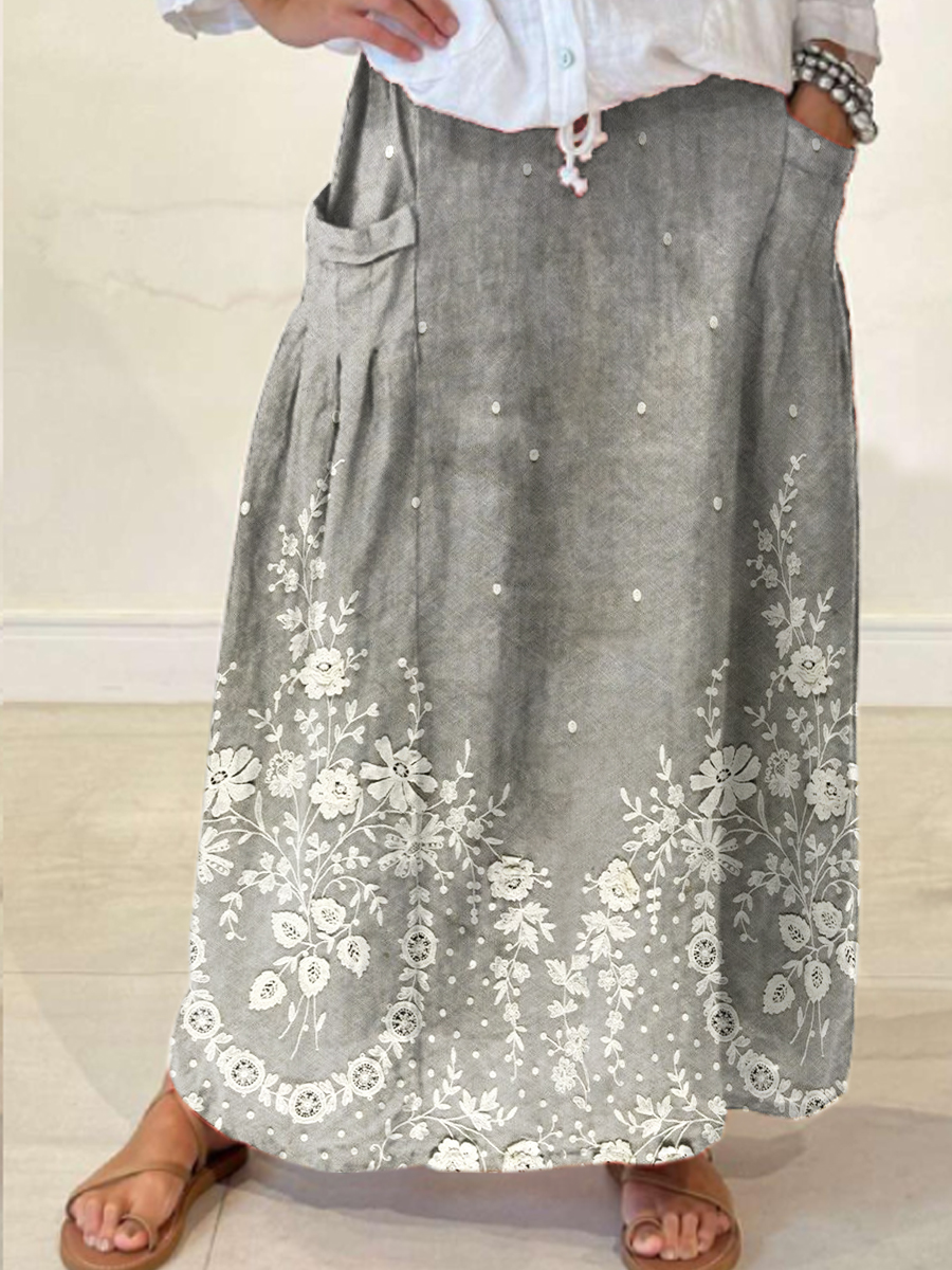 Women's Retro Art Print  Linen Pocket Skirt