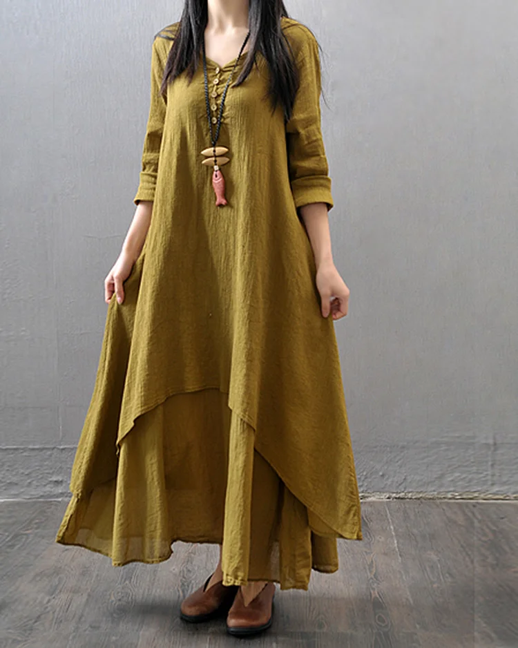 Fake Two Pieces Loose Cotton Linen Dress