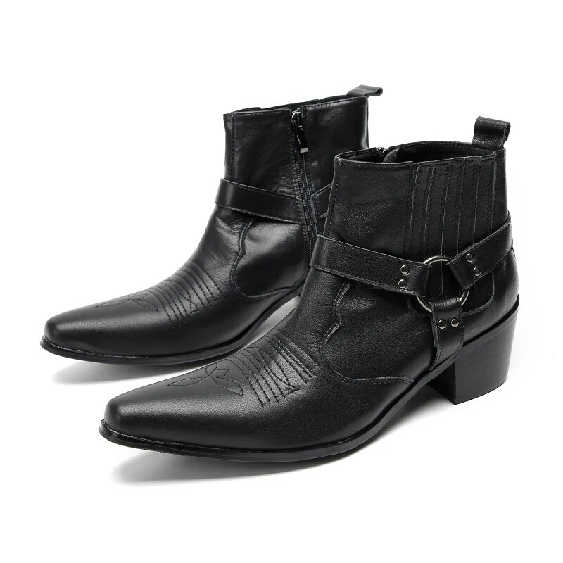 VCSHOES Botas Plus Size Formal Dress Shoes Pointed Toe Cowboy Club Genuine Leather Short Boots Punk Style Business Men Ankle Boots