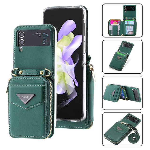 Crossbody Leather Wallet Phone Case With 5 Cards Slot,Zipper Slot,Kickstand And Detachable Lanyard For Galaxy Z Flip3/Z Flip4/Z Flip5