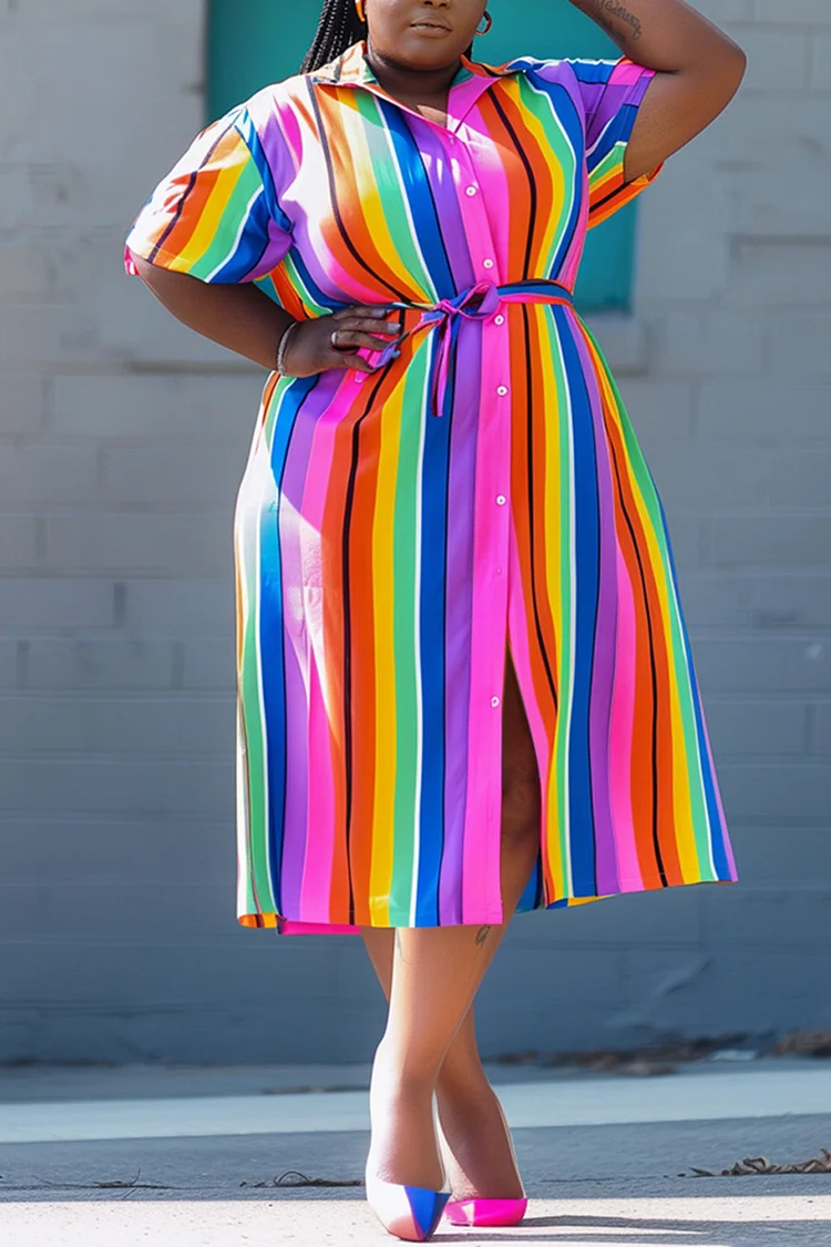 Xpluswear Design Plus Size Daily Rainbow Striped Shirt Collar Short Sleeve Button Wrap Shirtdress Midi Dresses [Pre-Order]