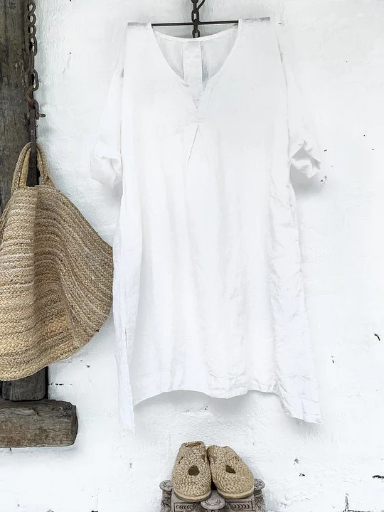 Casual V Neck Half Sleeve Linen Dress