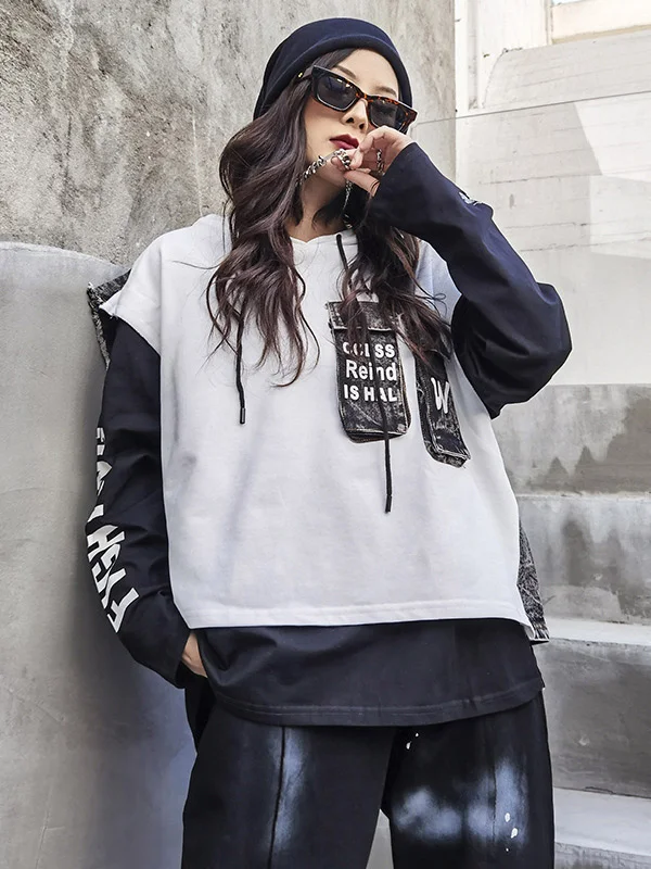 Hip-Hop Denim False Two Splicing Roomy Hoodies