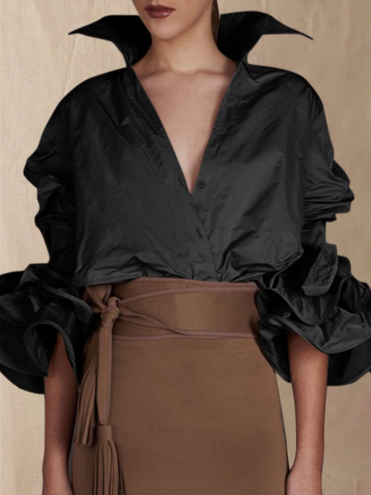 Solid Color V neck Stand Collar 3/4 Ruffle Sleeve Blouse P1733653