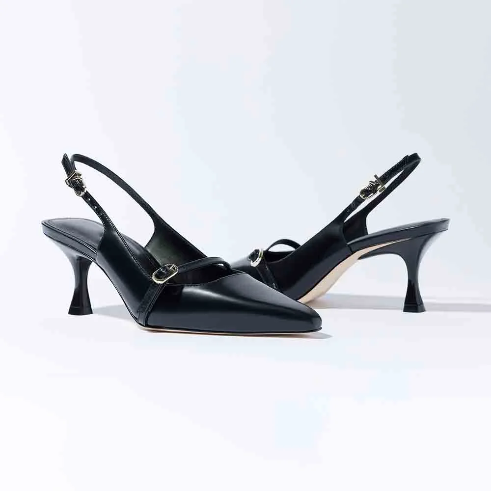 Black Pointed Toe Shoes Classic Kitten Heel Slingback Pumps for Women Nicepairs