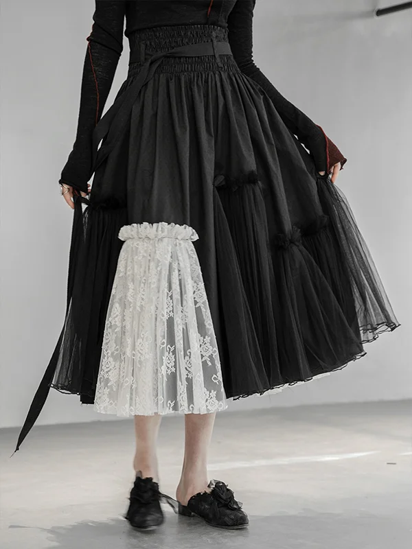 Women Lace Contrast Color Mesh High Waist Fairy Skirt