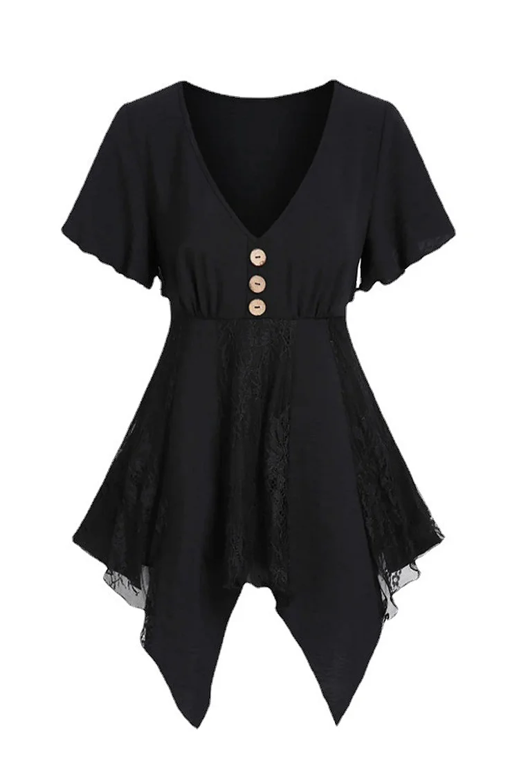 Gothic Black Casual Flare Sleeve Lace Patchwork Buttons Irregular Blouse
