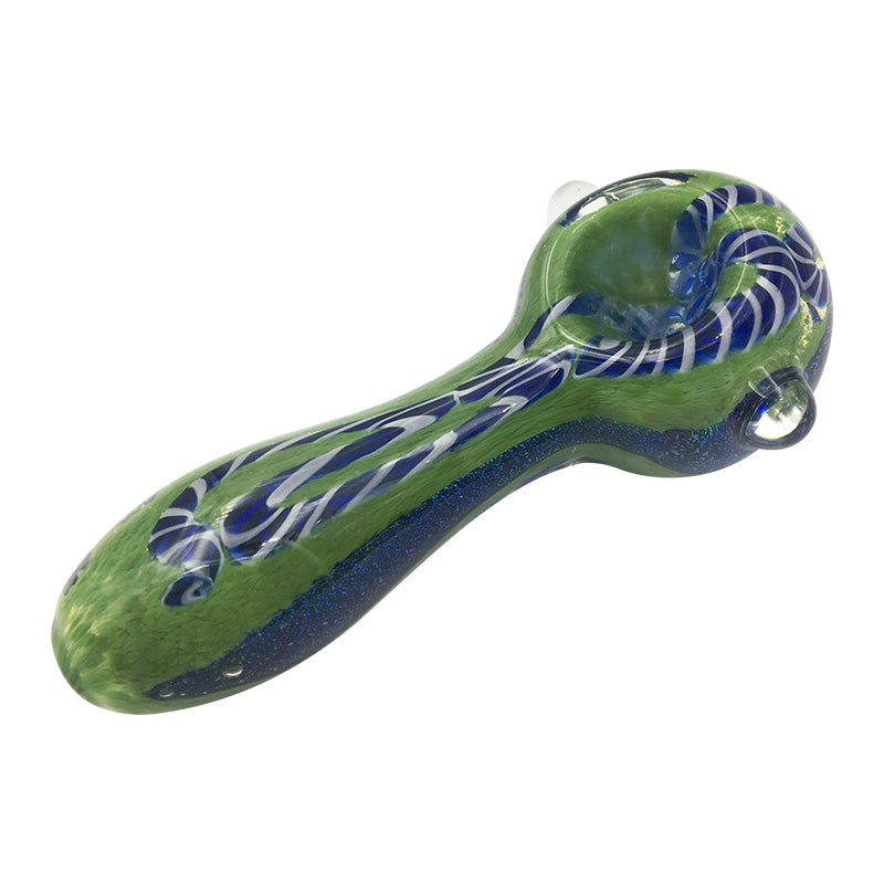 Blue Shimmer Stripes Green Spoon Pipe with Glass Marbles