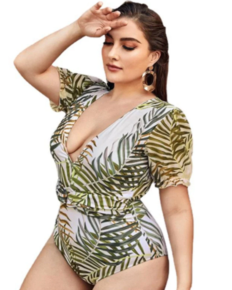 Deep V Short Sleeve Bikini Leaf Print Swimsuit