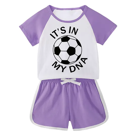 【18M-11Y】Toddler Soccer 'It's In My DNA' 2-Piece Outfit - Sporty Graphic Raglan Top & Shorts Set For Kids