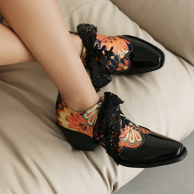 Colorblock Patchwork Pattern Print Lace Tied Up Oxfords Chunky Heels