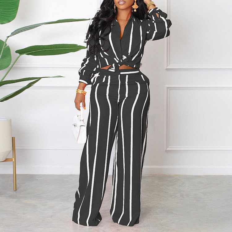 Casual Striped Long Sleeve Shirt Two Piece Set