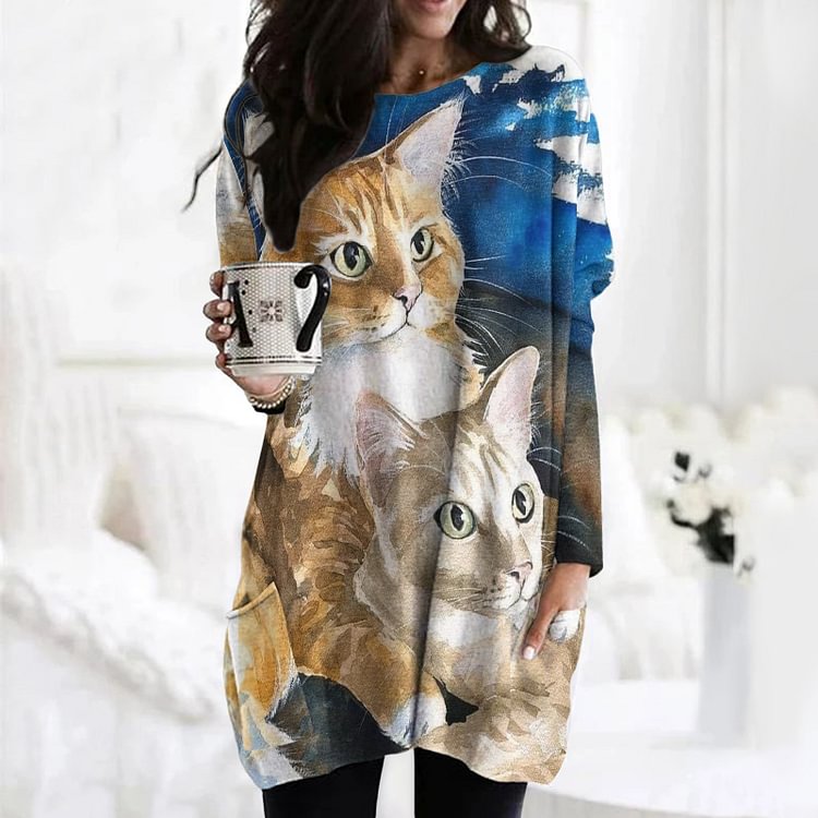 Vefave Two Cats Print Casual Crewneck Tunic