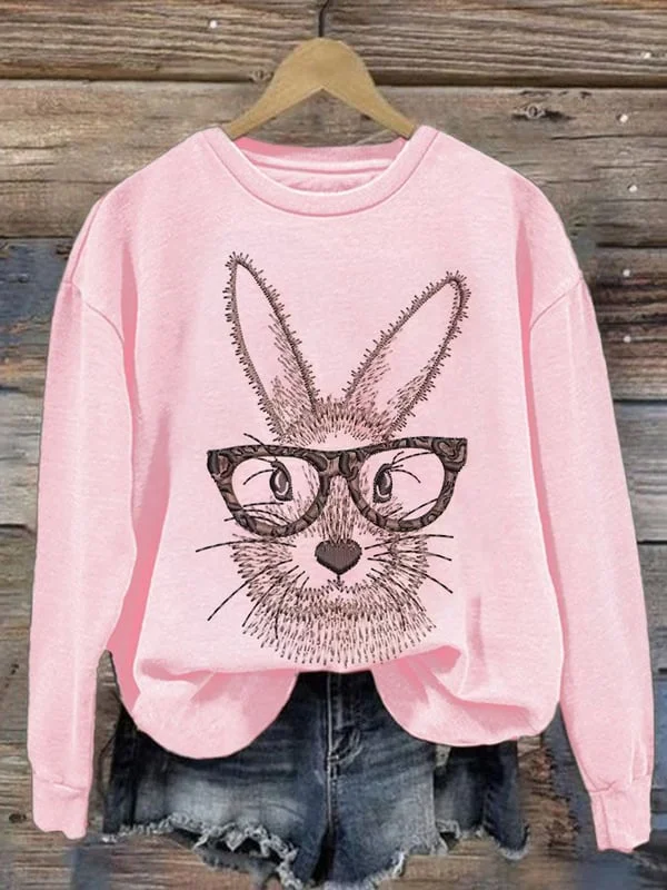 Women's Easter Glasses Funny Bunny Print Sweatshirt
