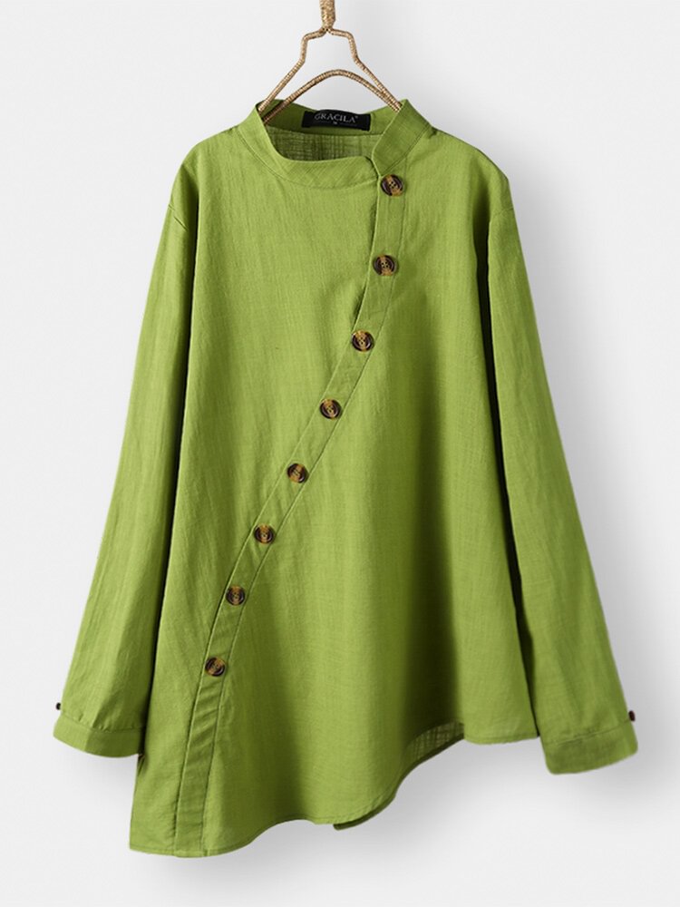 Irregular Solid Color Button Long Sleeve Casual Blouse For Women P1633698