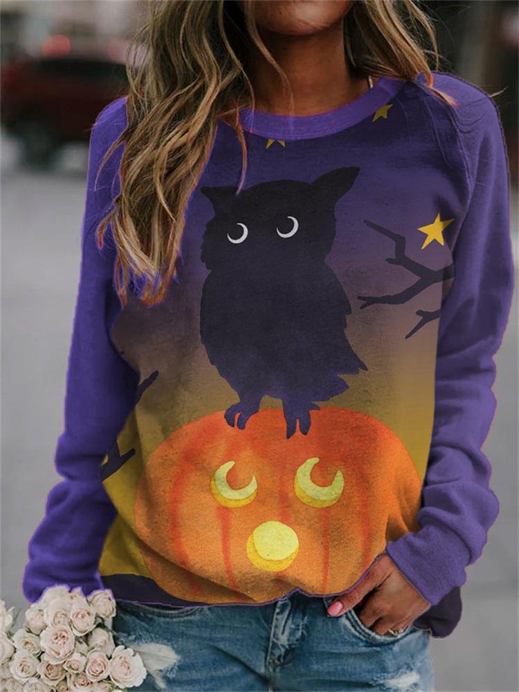 Halloween Owl Print Crew Neck Sweatshirt
