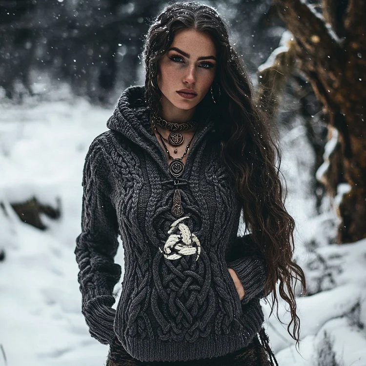 Women's Viking Tribal Witch Inspired Chunky Knit Hooded Sweater